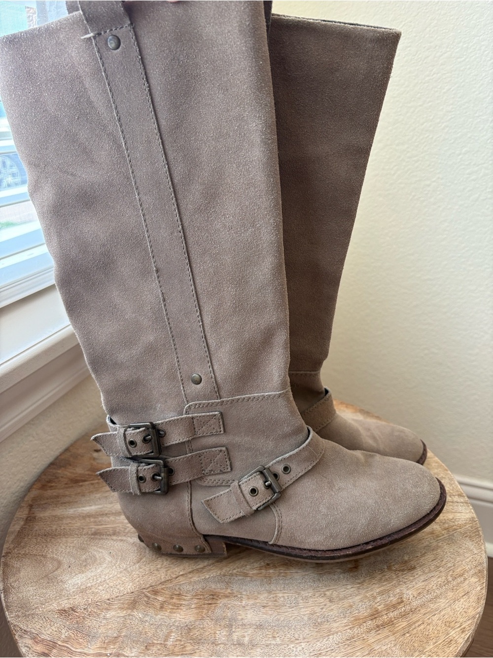 DV by Dolce Vita Taupe Suede Knee-High Buckle Boots